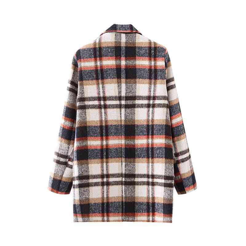 Vintage Women Woolen Plaid Blazers Fashion Ladies Streetwear Notched Collar Jacket Elegant Female Chic Pocket Jackets 210527