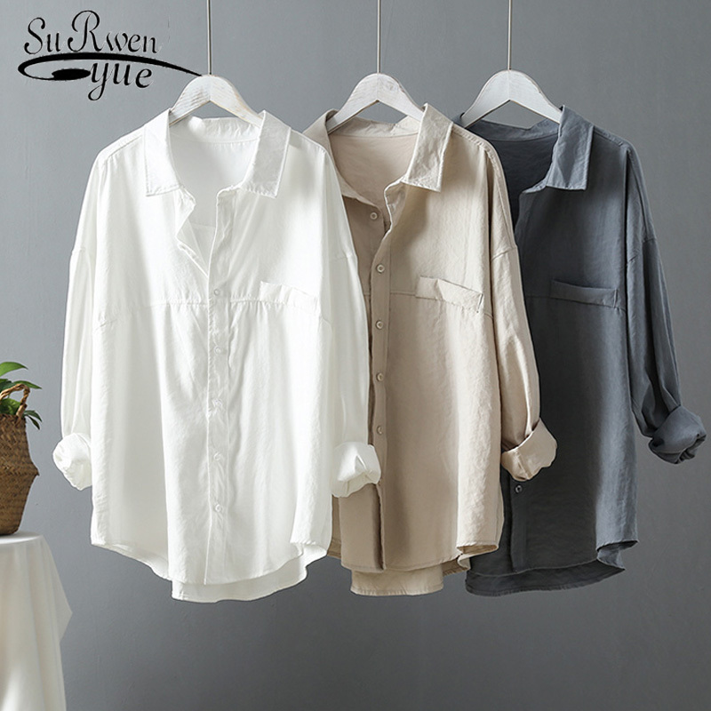 Fashion Blusas Mujer De Moda Loose Solid Women Shirts Spring Autumn Dark Green Long Sleeve Blouses tops 6720 50 210427