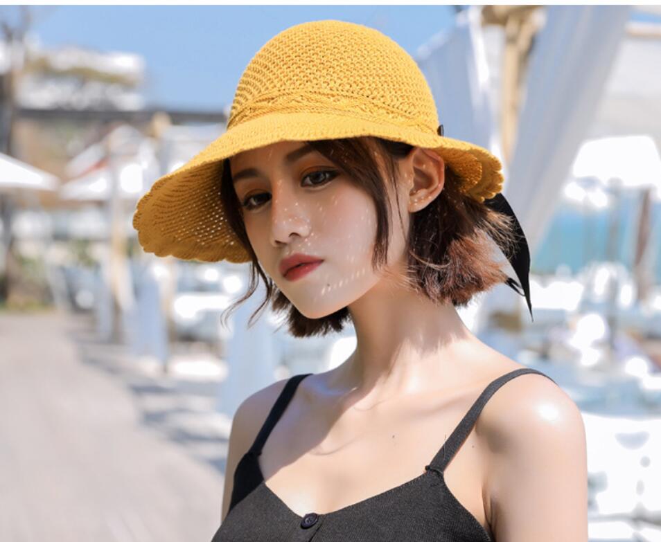 summer style, Lafite straw hat, ladies vacation empty sunNY hatS, bow tie, big beach sun protection hat Wide Brim Hats
