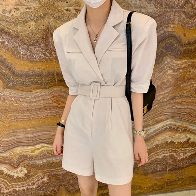 Fashion Female Overalls Notched Collar Office OL Romper Women Short Sleeve Elegant Belt Casual Jumpsuits 210519
