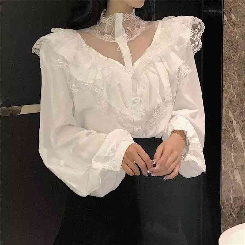 Wonder spring solid elegant lace blouse office ladys lantren sleeve ruffles Korean female Mesh Sheer Sexy shirt 210510