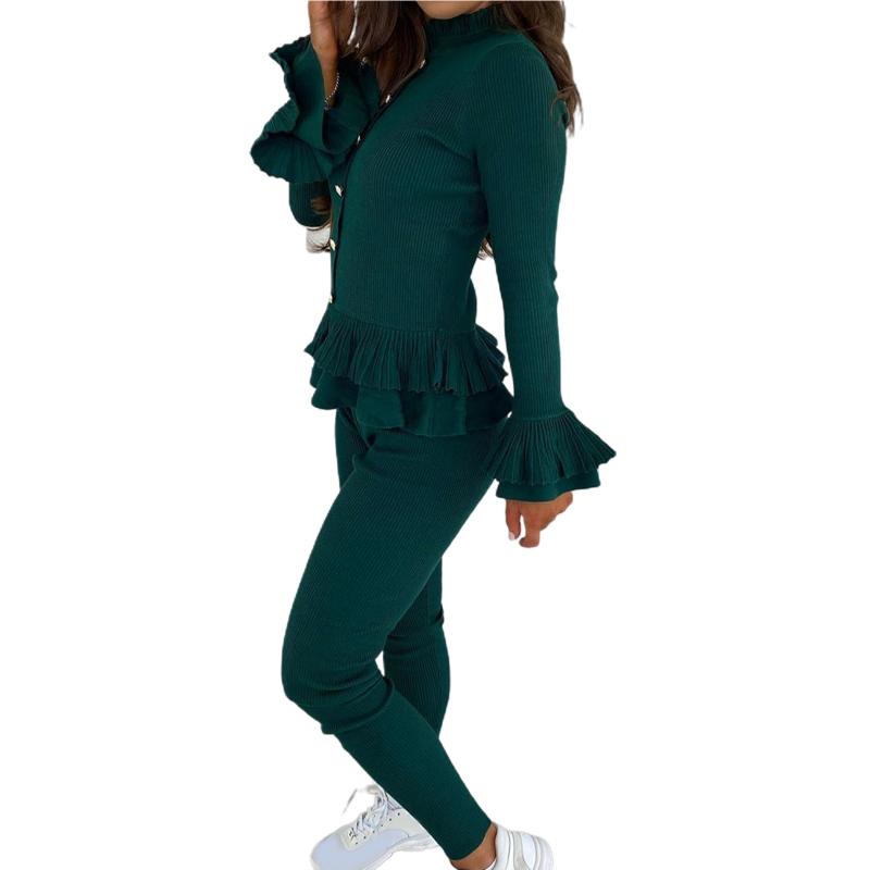 Autumn Women Chic Long Sleeve Ruffle Buttons Blouse Skinny Pants Set Outfit Female Sweatshirt Sportswear Suit Tracksuit 2pce Women's Tracksu