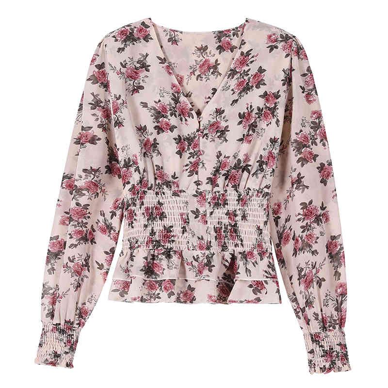 Casual V-Neck Lantern Long Sleeve Shirt Floral Print Shirts Women Chiffon Blouses Blusas Mujer Autumn Pullover Tops 10585 210506