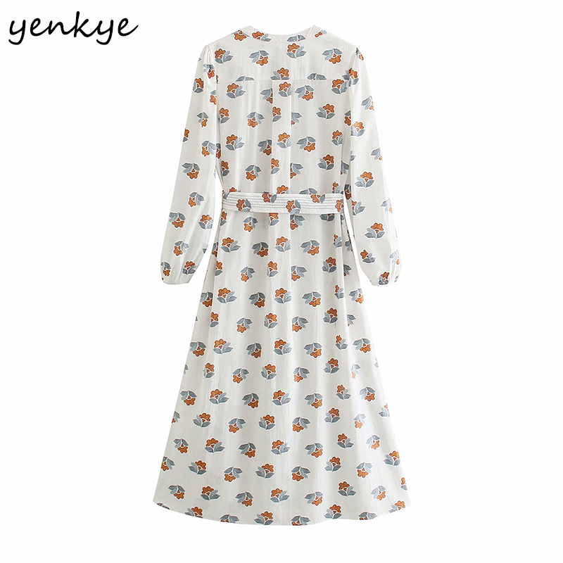 Spring Women Floral Print Midi Dress Female Long Sleeve V Neck With Belt Casual Plus Size Vestido 210430