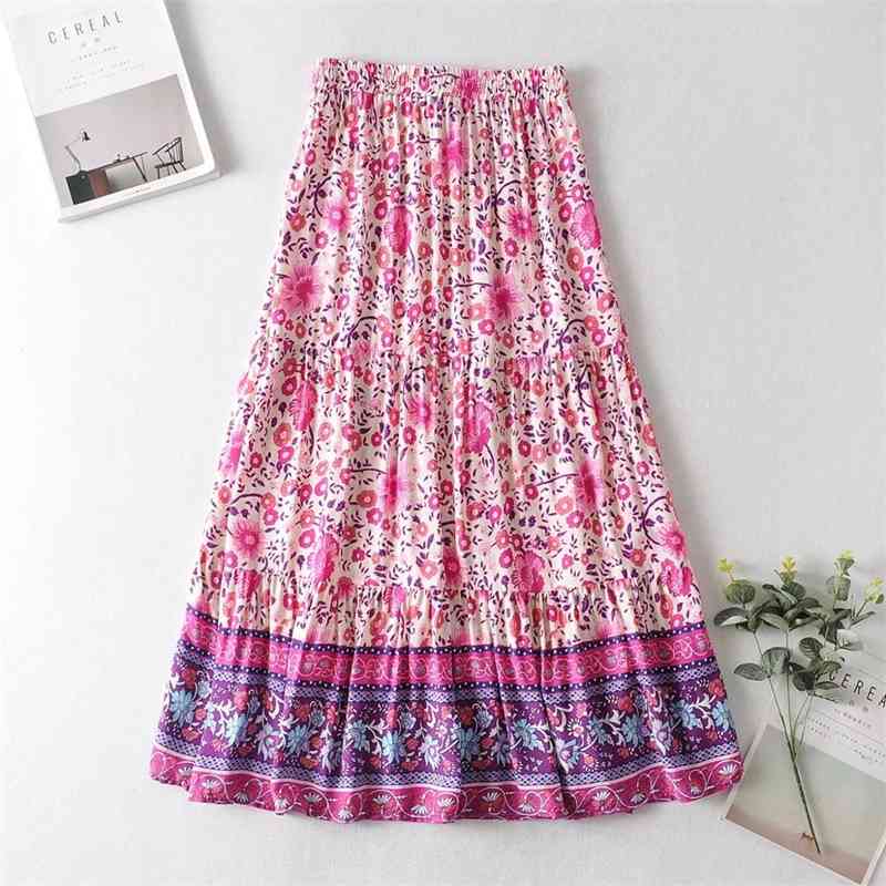 Bohemia Pink Floral print Cotton Maxi Long Skirt BOHO Hippie Women Elastic High Waist Spliced Ruched pleated Skirts Holiday 210429
