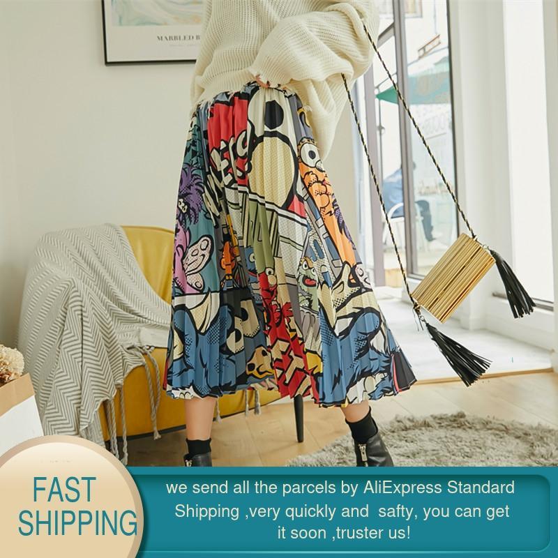Artoon Pleated Skirt Women's Midi Elastic Waist A Line High Female Summer s Withe Waiist 210428