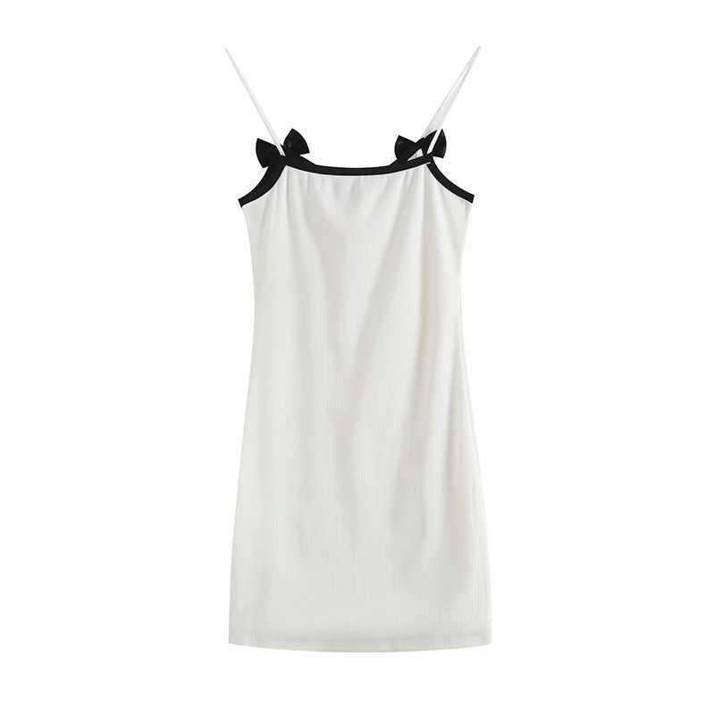 Vintage Women Summer Dress with Black Bow Decoration Sexy Thin Straps Chic Lady Sweet Mini Dresses Casual Woman Robe femme 210709