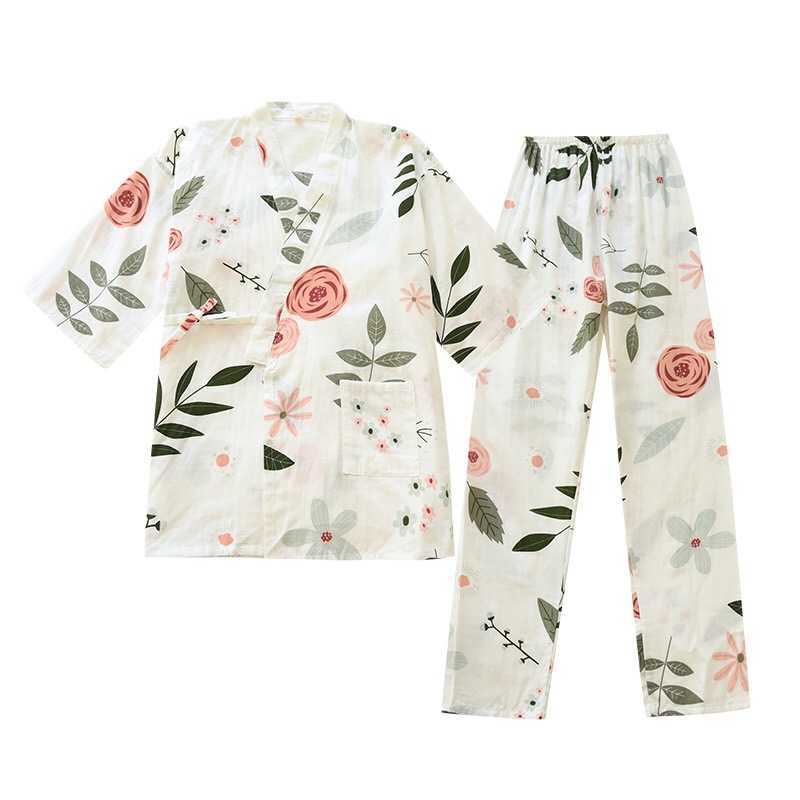 Rose Printed Ladies Kimono Style Pajamas Set Loose Thin V-Neck Three-Quarter Sleeves Gauze Cotton 2Pcs Sleepwear Loose Homewear 210924