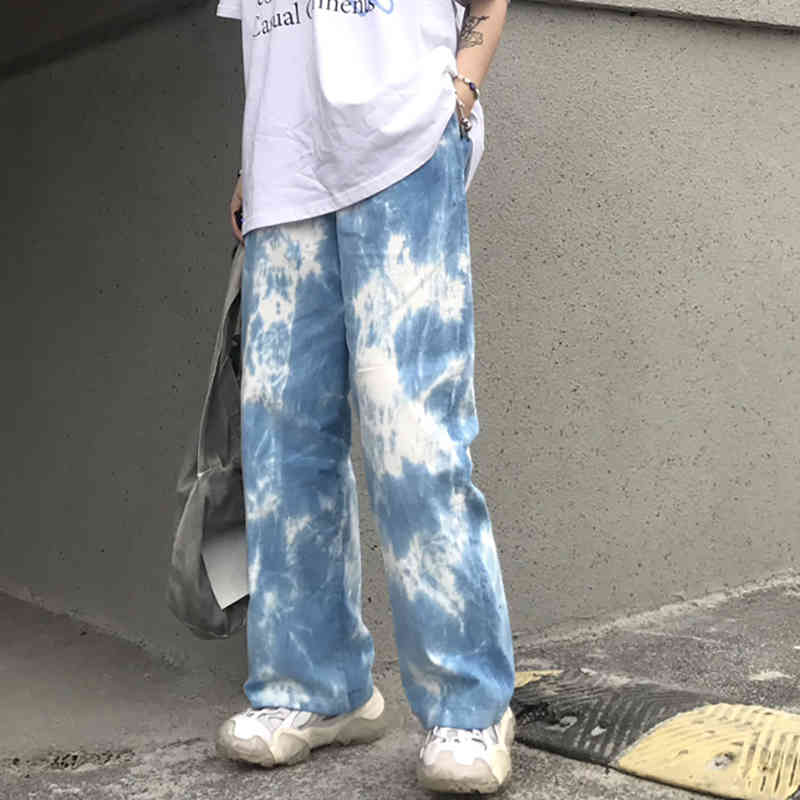 Trendy Tie Dye Pants Women's Spring Drawstring Sports Loose High Waist Printed Wide Leg Female 5B354 210427
