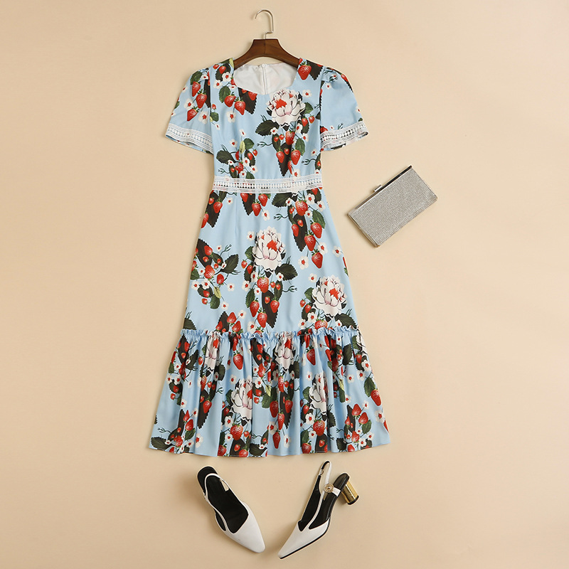 Women's Runway Dresses Square Neckline Short Sleeves Printed Embroidery Patchwork Elegant Autumn Dress