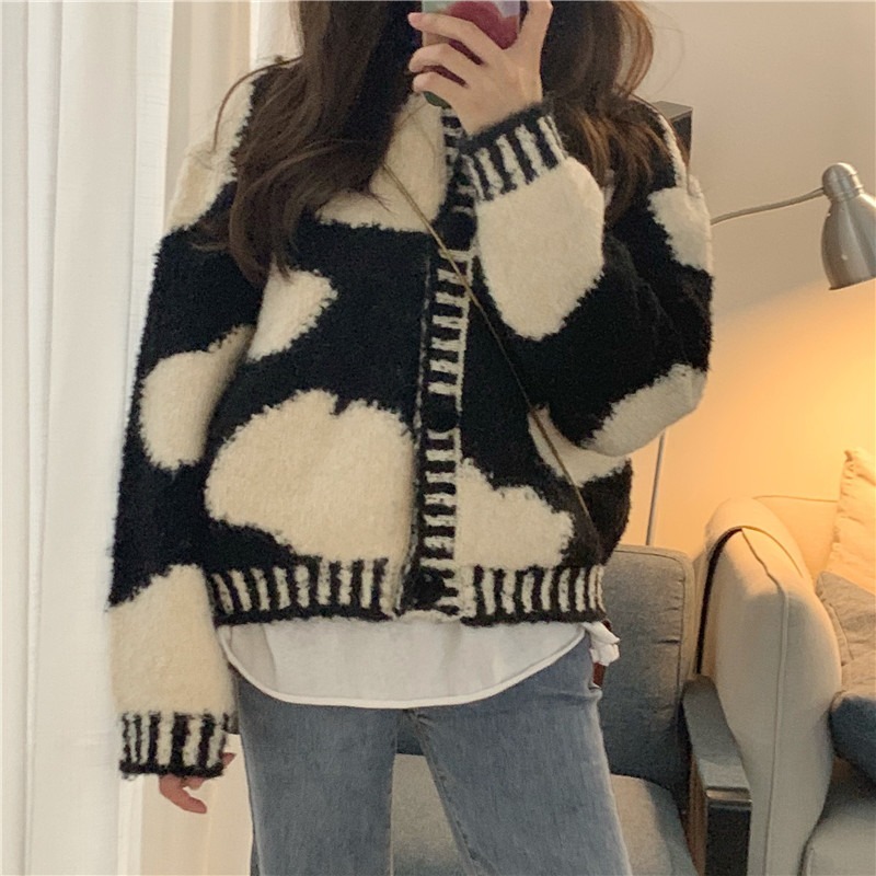 Vintage Knitted Cardigan Coat Winter Clothes Women Black White Cow Print Sweaters Korean Chic Thicked Warm Sueter Female 210422