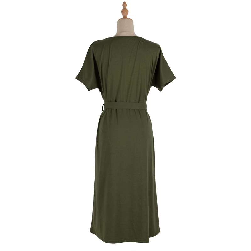 O-Neck Short Sleeved Asymmetrical Midi Dresses Women Summer Casual High Waist Female Solid Dress with Belt 210510