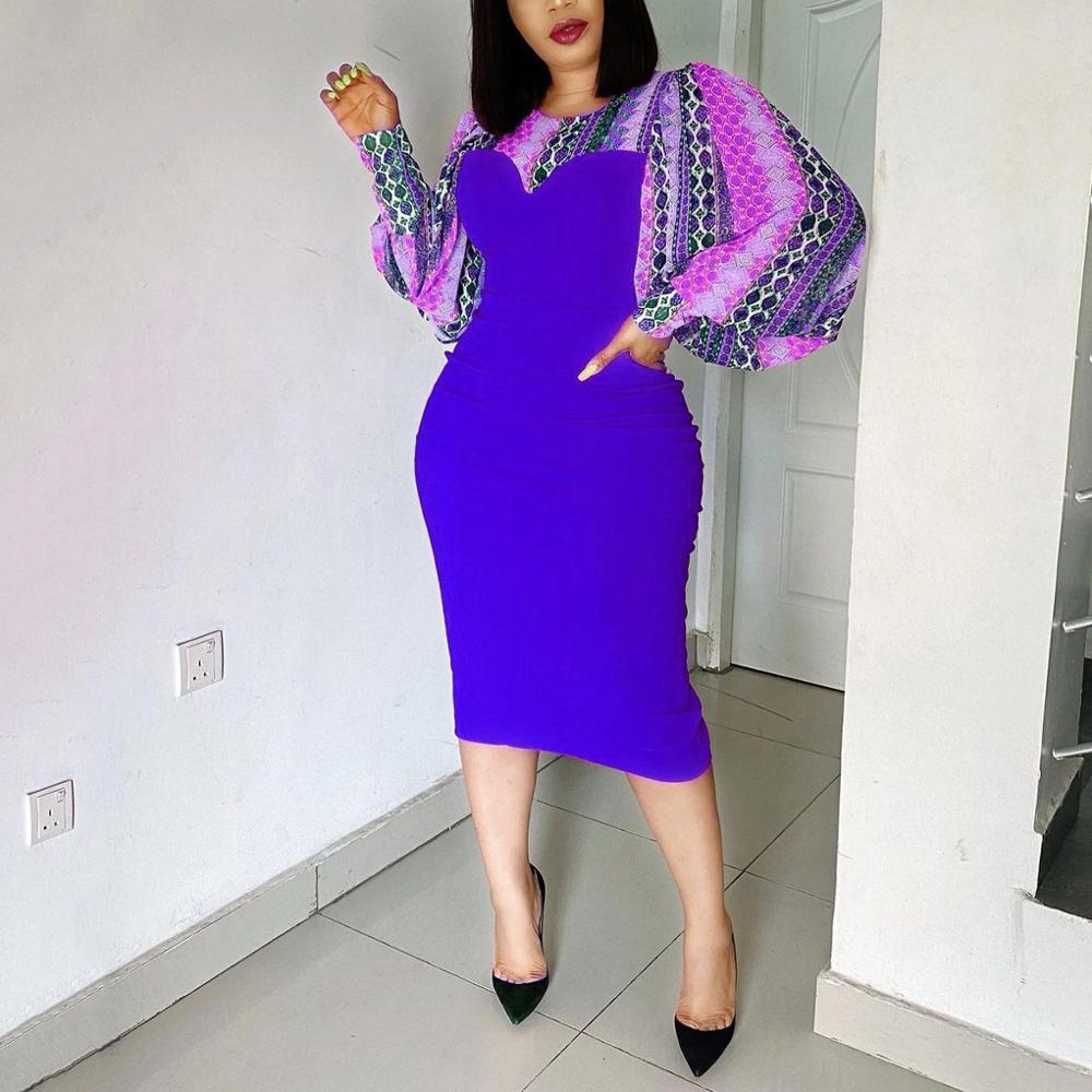 African Business Dress For Women Office Purple Patchwork Full Sleeve Bodycon Mid Calf Elegant Work Clothes Midi Dresses 210510