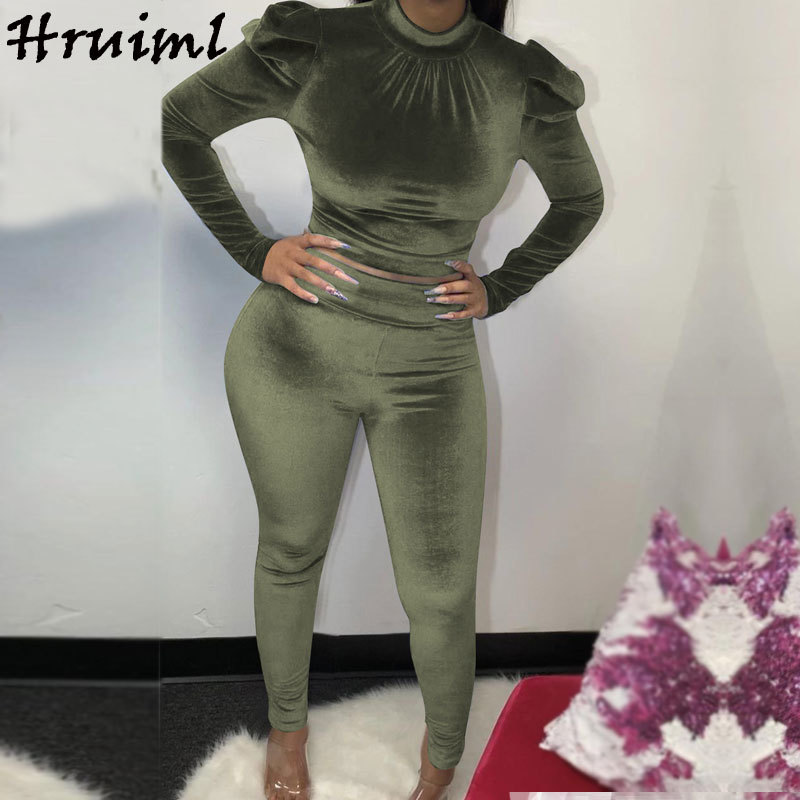 Elegant 2 Piece Set Women Long Sleeve O Neck Crop Top Blue Velour Tracksuit Fashion Pants Sets Solid Evening Party Club Outfits 210513