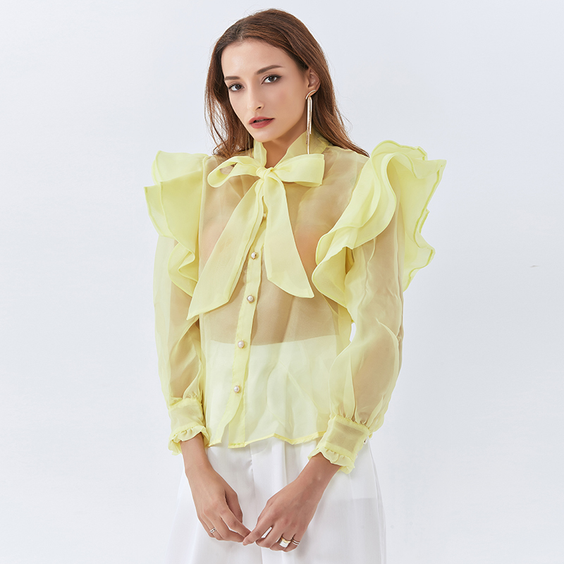 Bowknot Shirt For Women Stand Collar Lantern Long Sleeve Bohemian Style Ruffles Blouse Female Autumn Clothing 210524