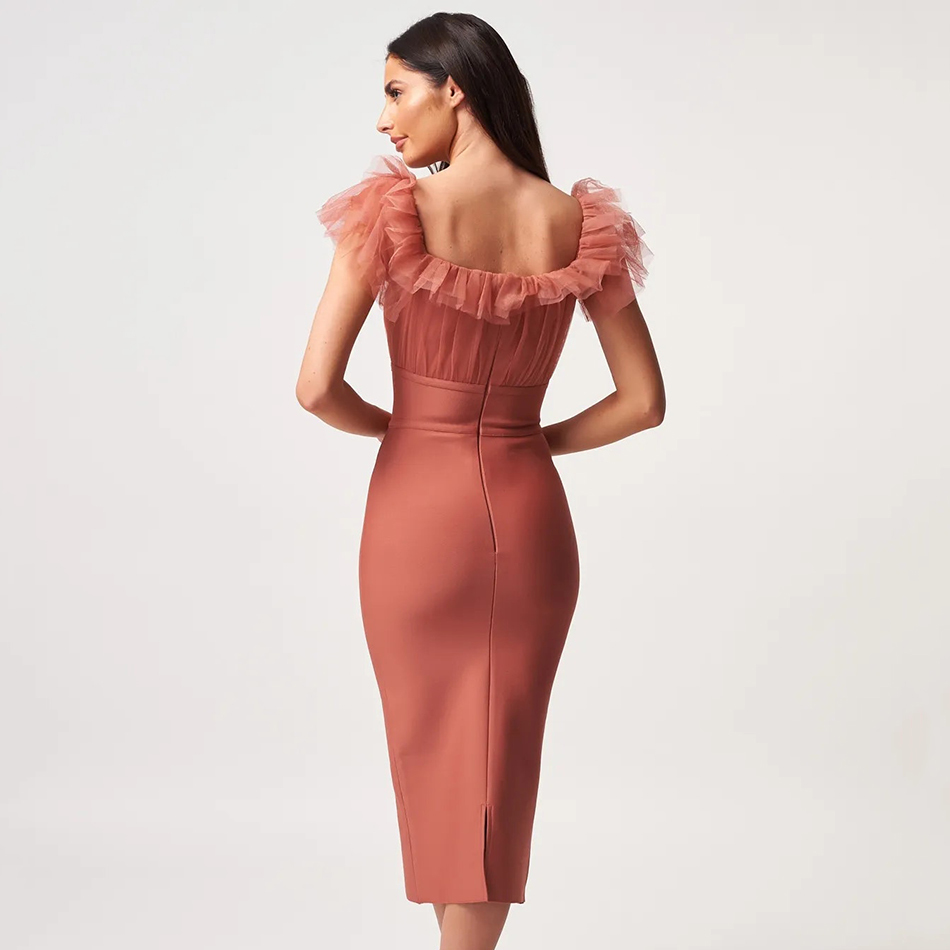 Free Women Bandage Dress Sexy Square Neck Short Sleeve Mesh Patchwork Bodycon Midi Elegant Party Vestido 210524