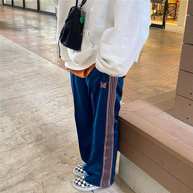 Casual High Street Embroidered Dark Blue Men Women High Quality Logo Needles Track Pants Trousers Side Stripe