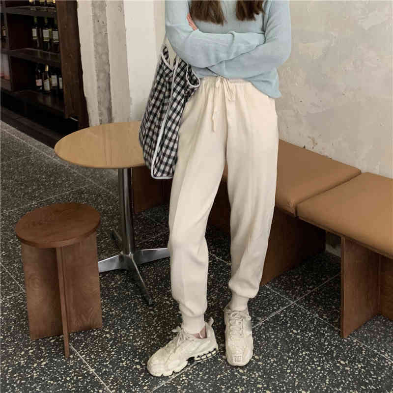 Nomikuma Knitted Harem Pants Autumn Lace Up Stretch High Waist Women Trousers New Solid Causal Long Pants Femme 6C302 210427