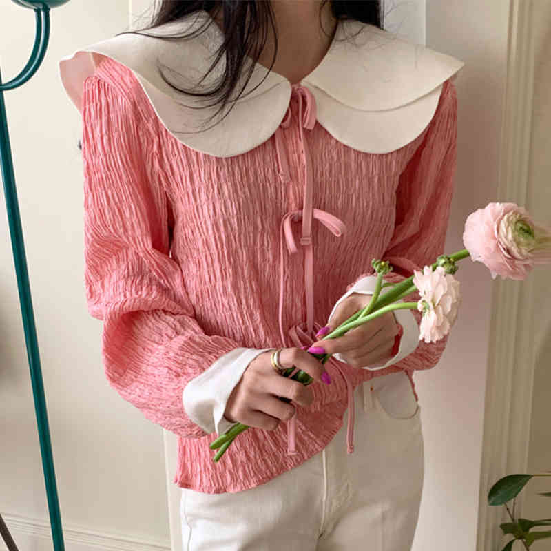 Nomikuma Women Blouse Korean Double Peter Pan Collar Hit Color Shirt Causal Sweet Bow Tie Tops Spring New Blusas Top 6G251 210427