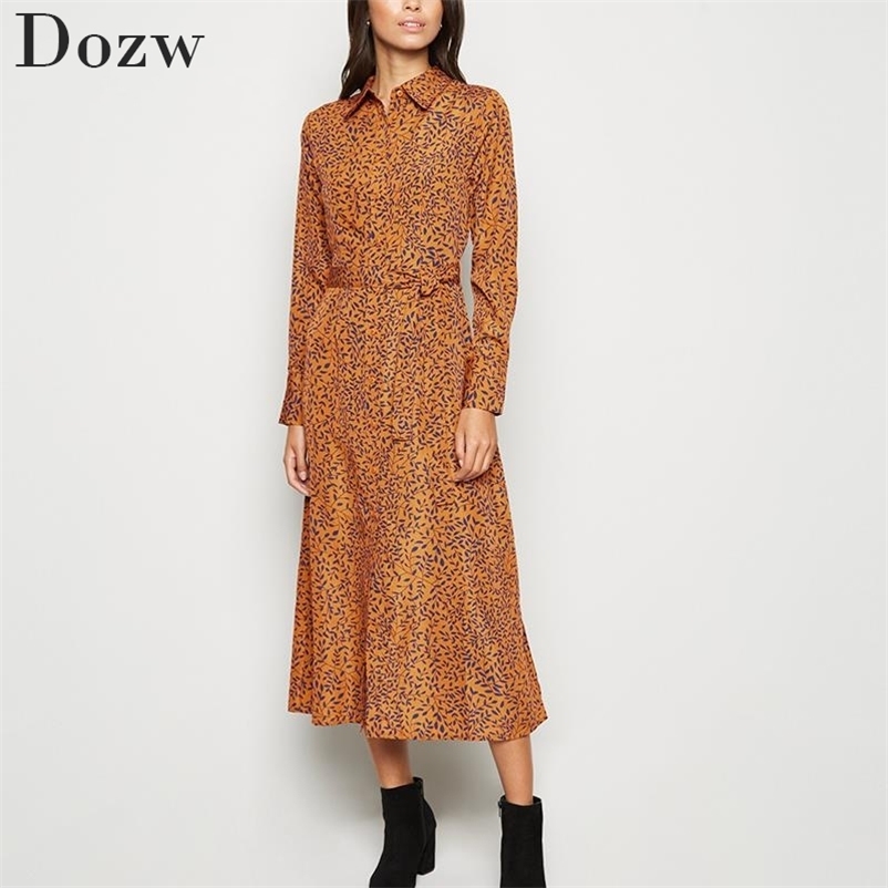 Elegant Women Shirt Dresses Spring Print Long Sleeve Female Office Work Vintage Turn-down Neck Midi Ladies 210515