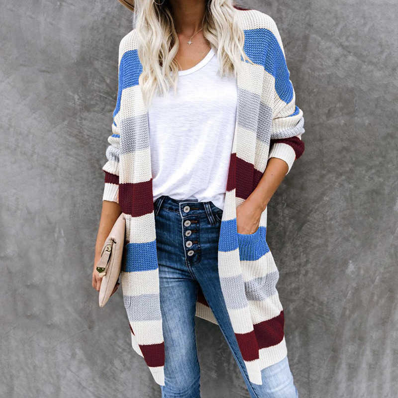 Woman Casual Long V-Neck Cardigans Knitted Sweater for Womens Autumn Female Colorful Striped Sleeve Pockets Cardigan 210604