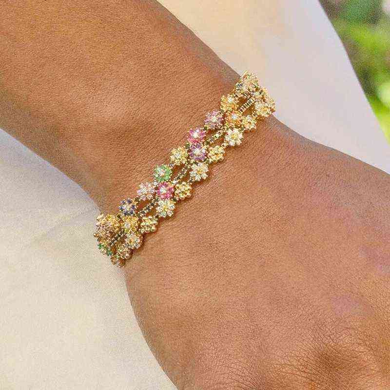 arrived fashion thin sparking cz colorful flower link chain bracelet women charming romantic gold color wedding jewelry 211124
