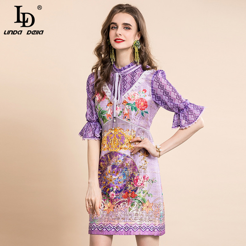 Summer Runway Purple Floral Dress Women's Flare Sleeve Bead Vintage Printed Short Party 210522
