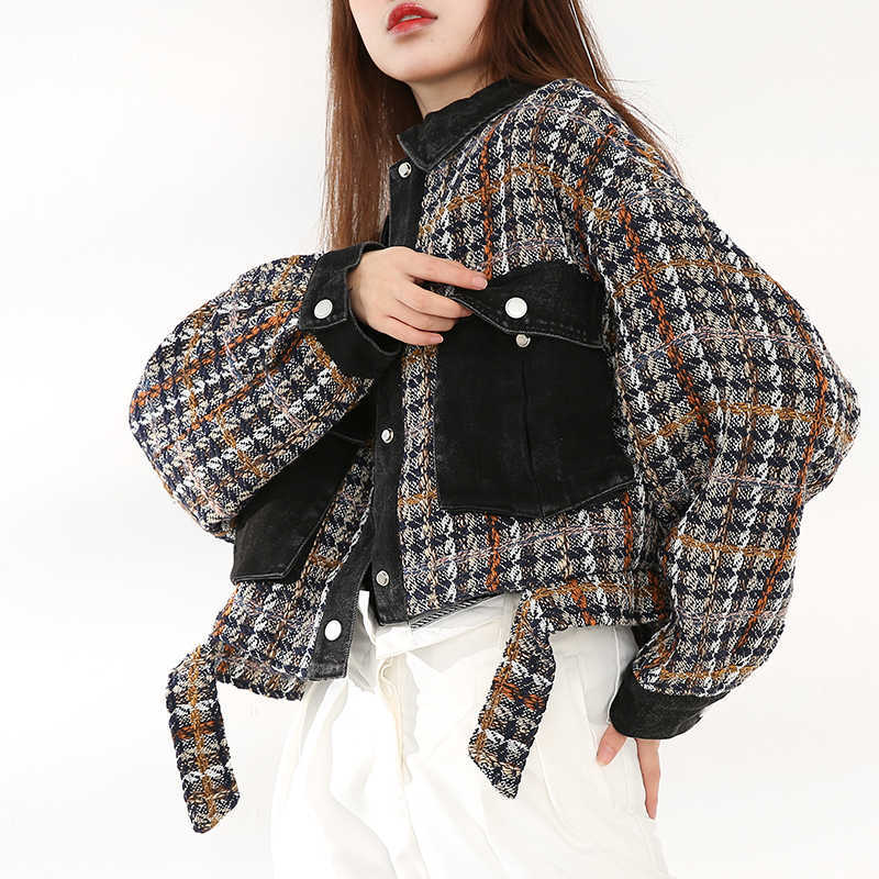 [EAM] Tweed Denim Plaid Short Cotton-padded Coat Long Sleeve Loose Fit Women Parkas Fashion Autumn Winter 1Z82205 210819