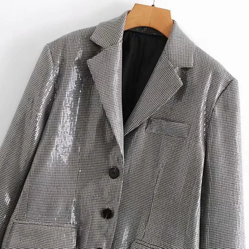 Women Elegant Houndstooth Sequins Decoration Long Sleeve Single-Breasted Slim Check Coat Office Work Lattice Suit Jacket 210520