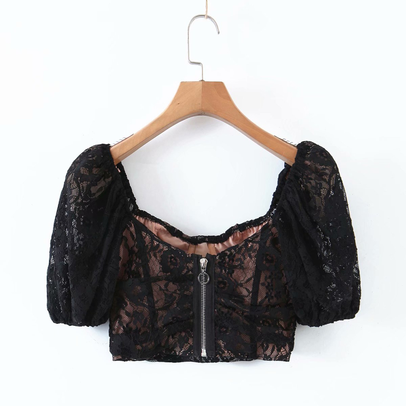 Sexy Woman Lace Strapless Slim Short Tops Spring Fashion Ladies Backless Top Female Elegant Puff Sleeve T-Shirt 210515