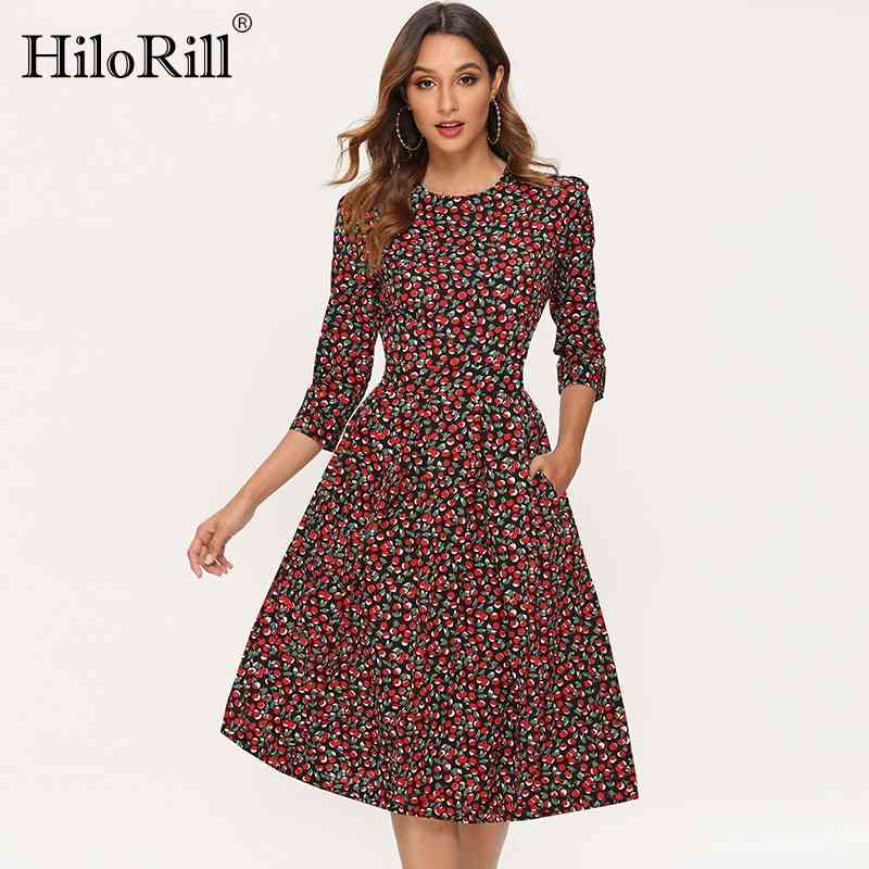 Women A Line Elegant Dress Floral Print Midi Three Quarter Sleeve O-neck Party Ladeis es Vestidos 210508