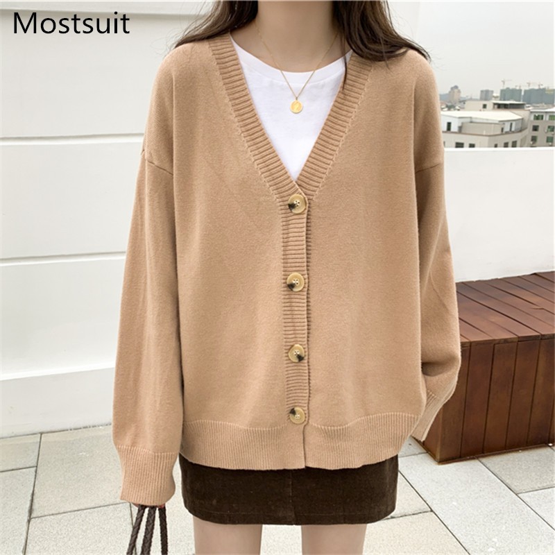 V-neck Single-breasted Women Cardigan Tops Spring Autumn Full Sleeve Solid Loose Fashion Korean Female Sweater Jumpers Femme 210514