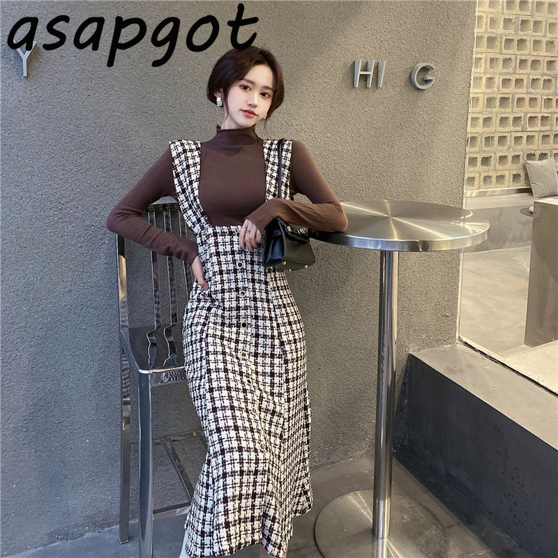 Temperament Slim Plaid Tank Dress Women Autumn Winter Retro Mermaid Turtleneck Puff Sleeve Tshirt Fashion 210429