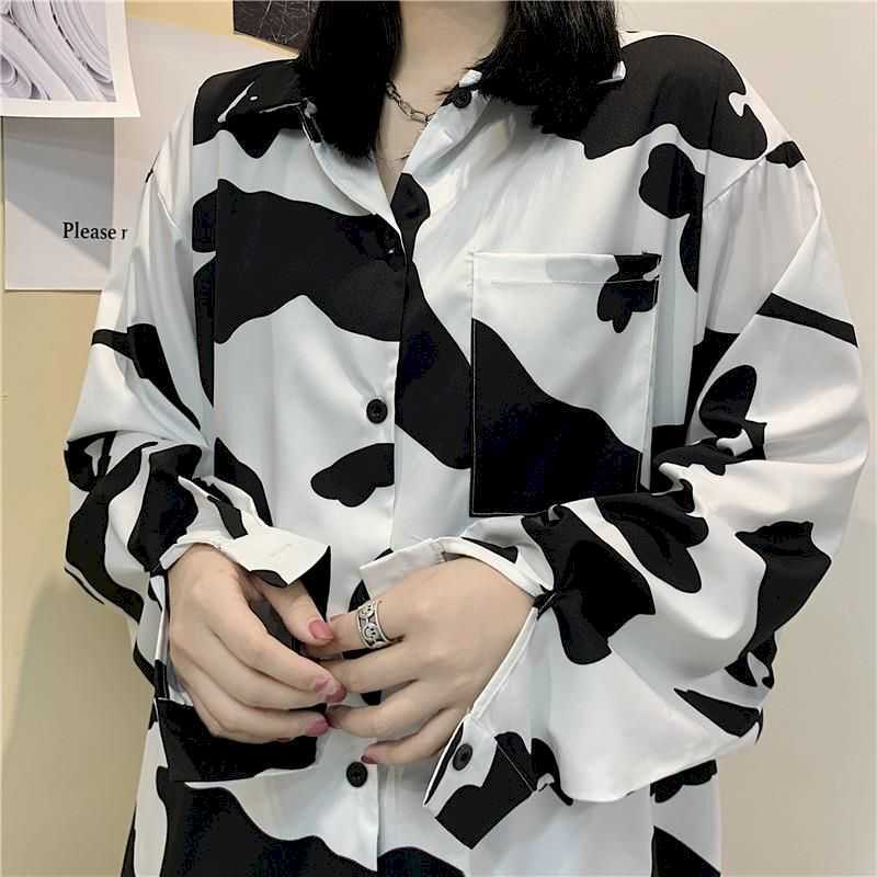 Autumn Coat Korean Version Harajuku Dark Cow Print Casual Wild Loose Long-sleeved Shirt Lapel Hip-hop Style L 210526