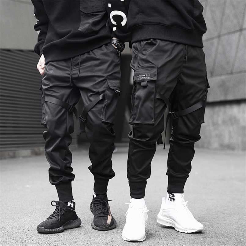 Men Cargo Pants Black Ribbons Block Multi-Pocket Harem Joggers Harajuku Sweatpant Hip Hop Casual Male Trousers 211112