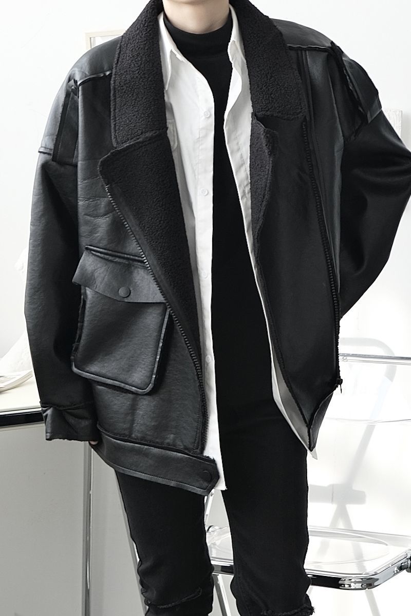 IEFB Autumn winter clothes men's deconstruction asymmetric thickening one piece of fur PU leather jacket large size 9Y4644 210524