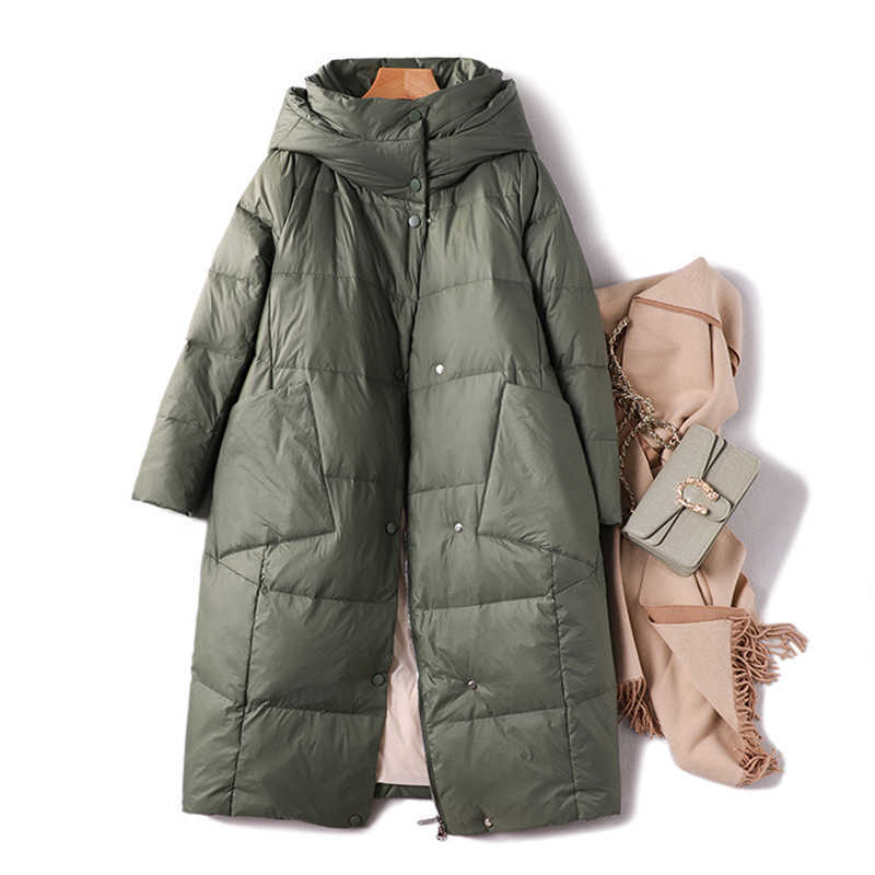 Janveny Women Loose Long Down Coat 90% White Duck Jacket Hooded Winter Plus Size Overcoat Female Thick Warm Feather Parkas 211013