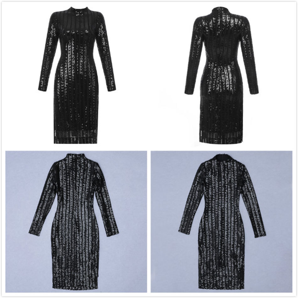 Free Autumn Women's Sequined Dress Elegant Stand Collar Long Sleeve Bodycon Split Club Runway Party Dres 210524