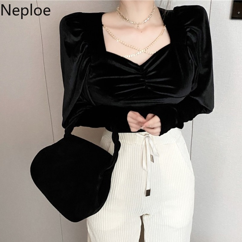 Neploe Square Collar Velvet Blouse Women Ropa Para Mujeres De Moda Temperament Shirt Slim Long Sleeve Chic White Blouses Tops 210422
