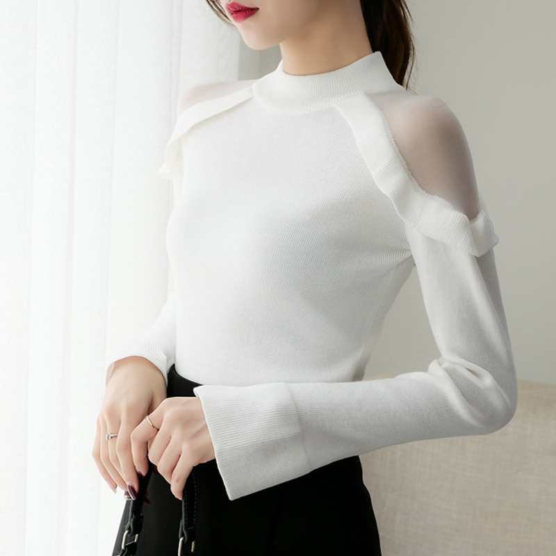 Spring Flare Sleeve Off Shoulder Women's Sweater Slim Fit Turtleneck Fashion Women Sweaters Korean Autumn Pull Femme 210510