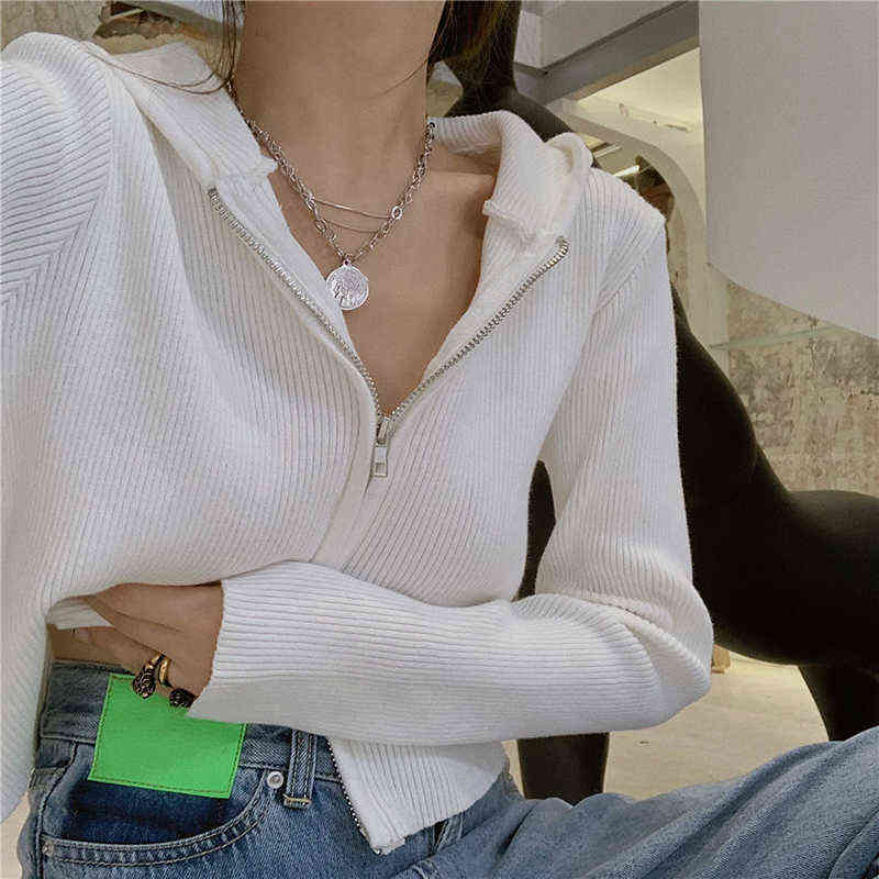 Rimocy Autumn Zip-up Cardigans Women Casual Slim Fit Knitted Hoddied Crop Cardigan Woman Korean Solid Color Sweaters Ladies 211117