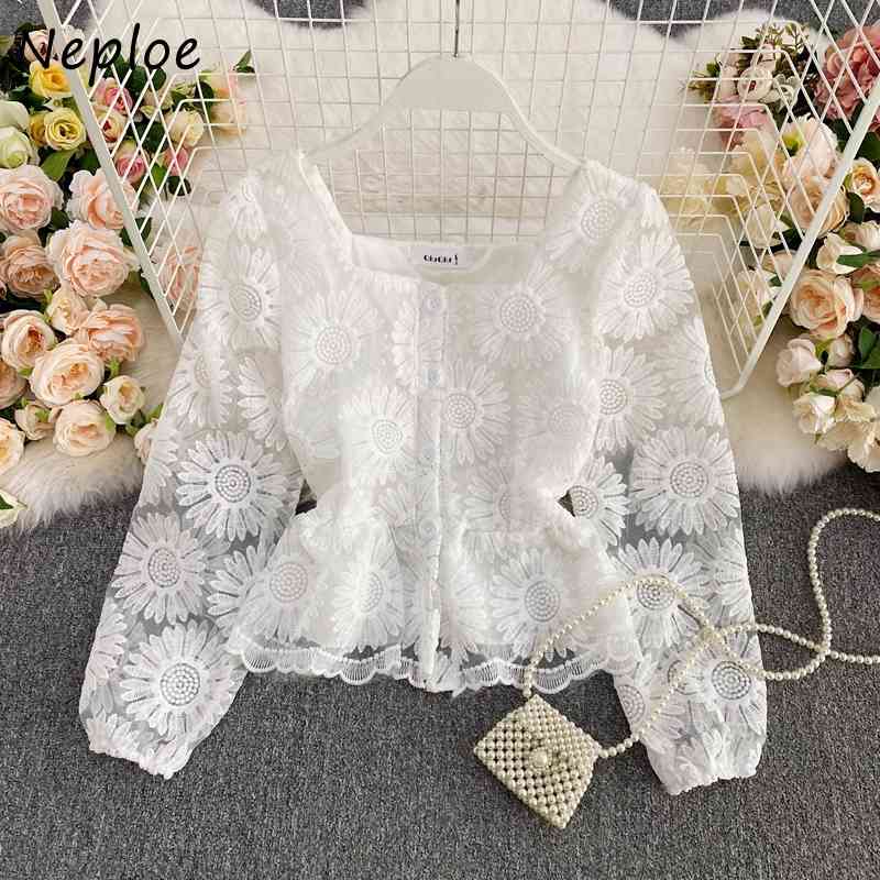 Neploe French Lace Hook Flower Elegant Blouse Women Square Collar Sexy Clavicle Exposed Slim Blusas Spring Long Sleeve Shirt 210423