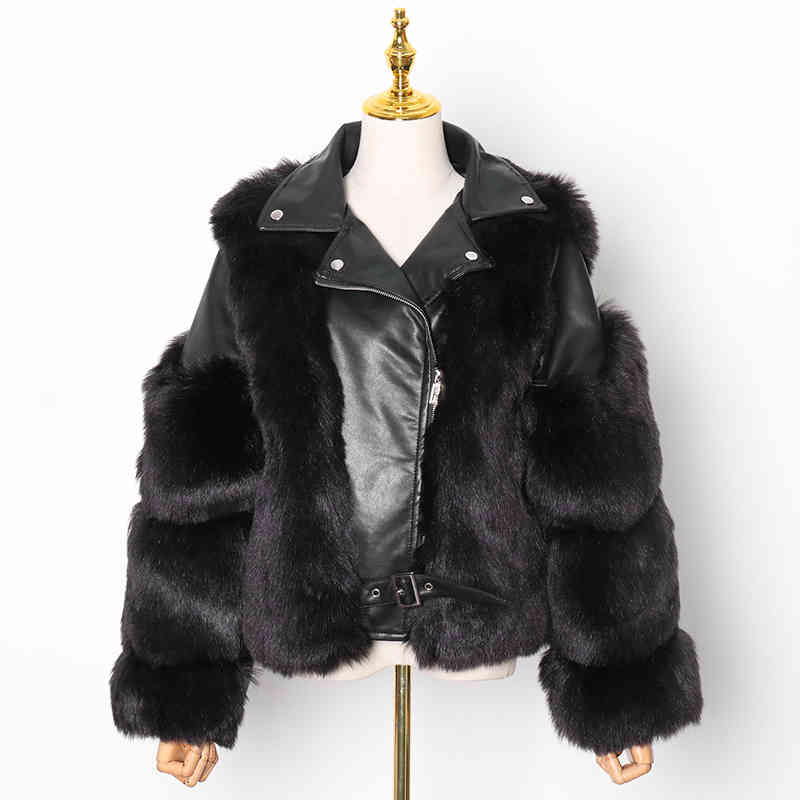 TWOTWINSTYLE Korean Patchwork Fluff Jacket For Women Lapel Long Sleeve Elegant White Thick Jackets Female Fashion Clothing 210517