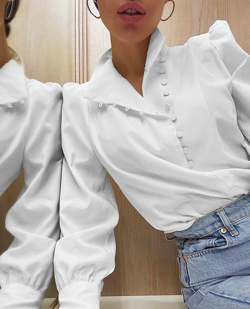 Women Turtleneck Blouse Elegant Long Sleeve White Shirt Office Ladies Tops Casual Solid Single-Breasted Puff Blusas 210510