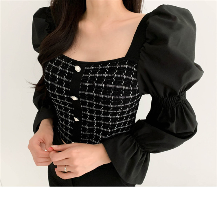 Korean Autumn Elegant Long Puff Sleeve Square collar Striped Knitted Single-breasted Women chic Tops Vestidos 210519