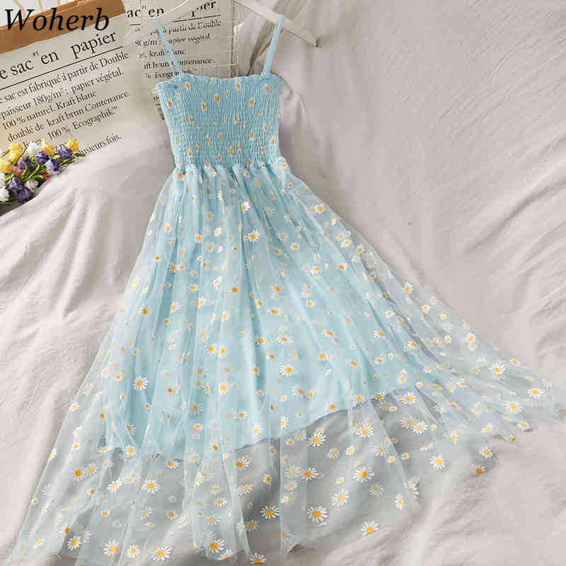 Dresses for Women Print Gauze Sling Vestidos Korean Fashion Summer Robe Slim Waist Ruffles Pleated Dress Woman 94933 210422