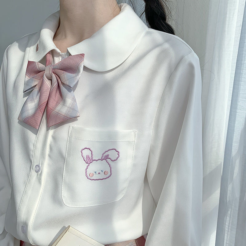 Japan Kawaii Chiffon White Blouse Women Autumn Long Sleeve Rabbit Embroidery Shirts Lolita Style Tops Clothes Schoolgirl 210317