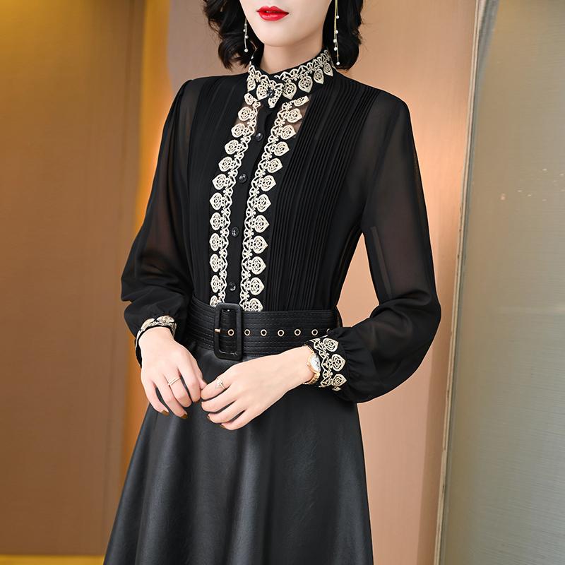 Spring Women Two Piece Set Elegant Flower Embroidery Chiffon Shirt Tops + High Waist Pu Leather Midi Skirt Suit Women's Tracksuits