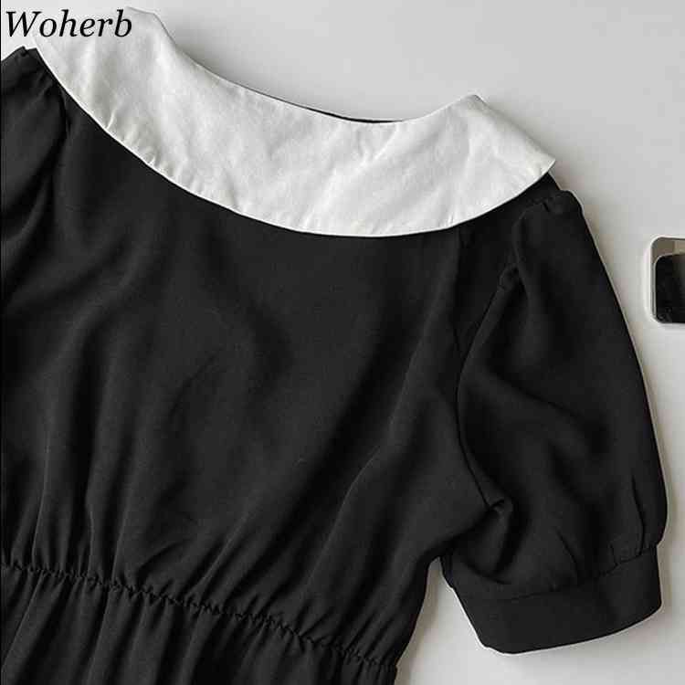 Korean Dress Women Summer Gentle Temperament Puff Sleeve Vestidos Peter Pan Collar Patchwork Preppy Style Dresses 210519