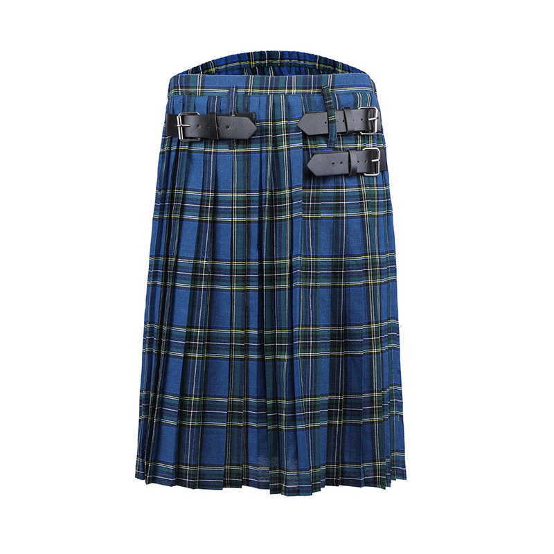 2020 Scottish Mens Kilt Traditional Plaid Belt Pleated Bilateral Chain Brown Gothic Punk Scottish Tartan Trousers X0628